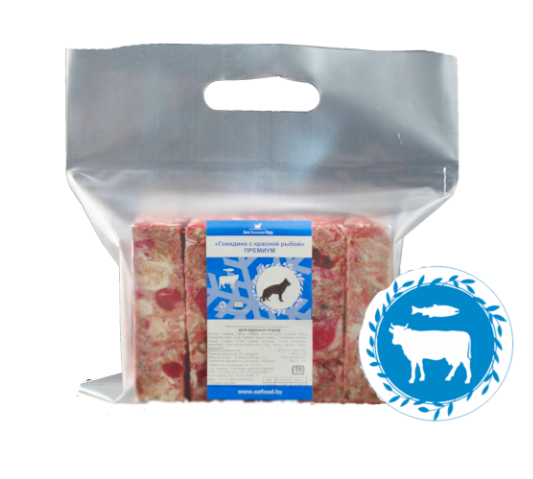 «Говядина с красной рыбой Премиум» для крупных пород собак.